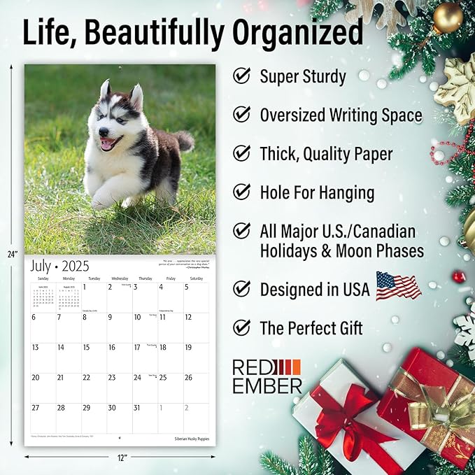 RED EMBER Siberian Husky Puppies 2025 Wall Calendar 12 Month | 12" x 24" Open | Thick & Sturdy Paper | Giftable | Calendar 2025