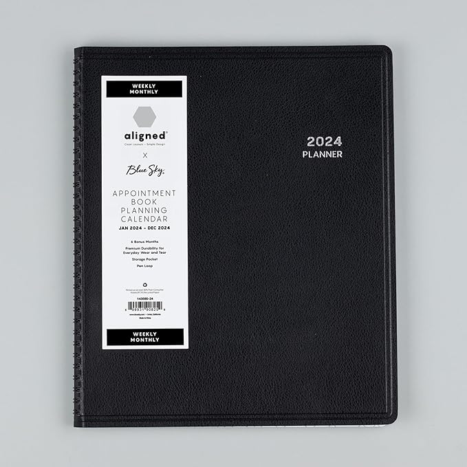 Blue Sky Aligned 2024 Weekly and Monthly Vertical Appointment Planner, 8.25" x 11", Heavyweight Cover, Semi Concealed Wirebound, Black (143590-24)