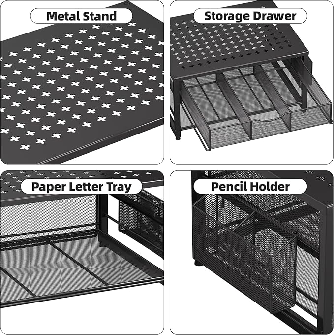 Marbrasse Metal Printer Stand for Desk with Storage Drawer and 2 Pen Holders, 2-Tier Desktop Organizer Printer Table for Home Office, Multi-Purpose Desk Organizer for Fax Machine Scanner Files(Black)