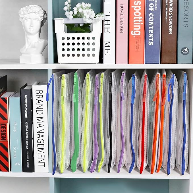 18 Pack A4 Mesh zipper pouch bags, Zipper Bags with Label Pocket,Zipper Pouches of office supplies,File Bags for Classroom Organization,Puzzles, Board Game Storage
