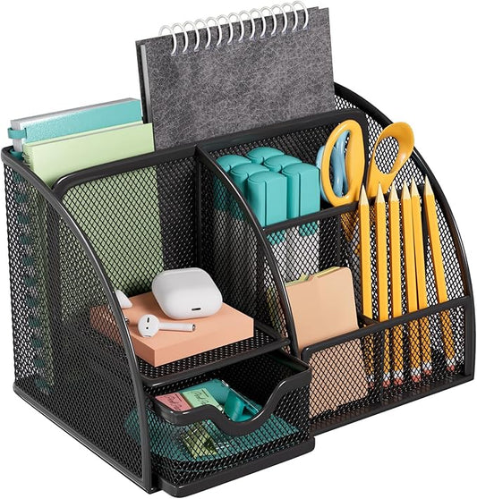 MaxGear Office Desk Organizer - 6 Compartment Pen Holder & Drawer, Metal Mesh Desktop Organizer with Non-Slip EVA Pad, Black Desk Caddy, 8.7" x 5.5" x 5"