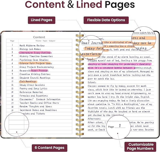 Lined Spiral Journal Notebook for Women, A5 College Ruled Journals for Writing, Hardcover Notebooks for Work, Note taking and Office School Supplies,140 Pages - Pink Buds