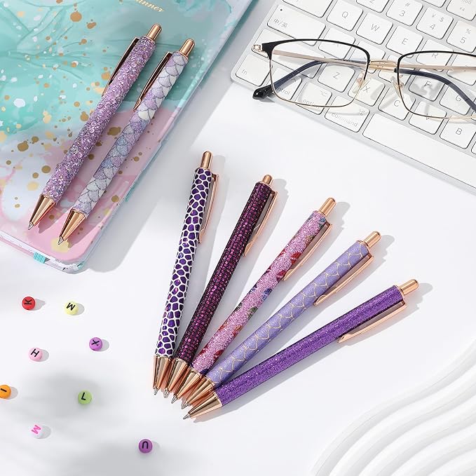 Mr. Pen- Fancy Pens for Women, 7 Black Ink Ballpoint Pens with 10 Refills, 1.0mm, Elegant in Purple, Glitter Cute Pens for Journaling, Sparkly Fancy Pen, Easter Gift