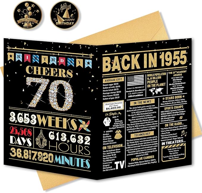 70th Birthday Card, 70th Birthday Decorations for Women Men, 70th Birthday Gifts for Mom Dad, Back in 1955 Birthday Card, Black Gold