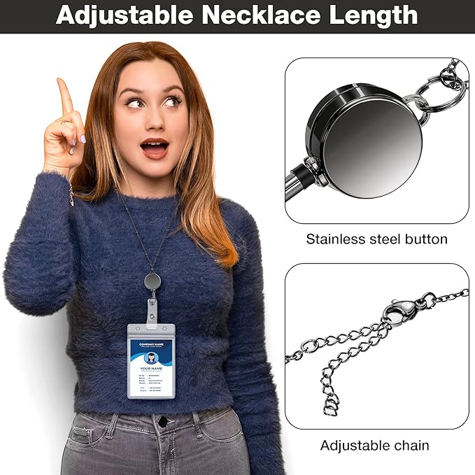 Outus 2 Pieces Badge Lanyard with ID Holders Stainless Steel Badge Holders Necklace Retractable Reel Clip Chain Water Resistant Name(Black, Gray)