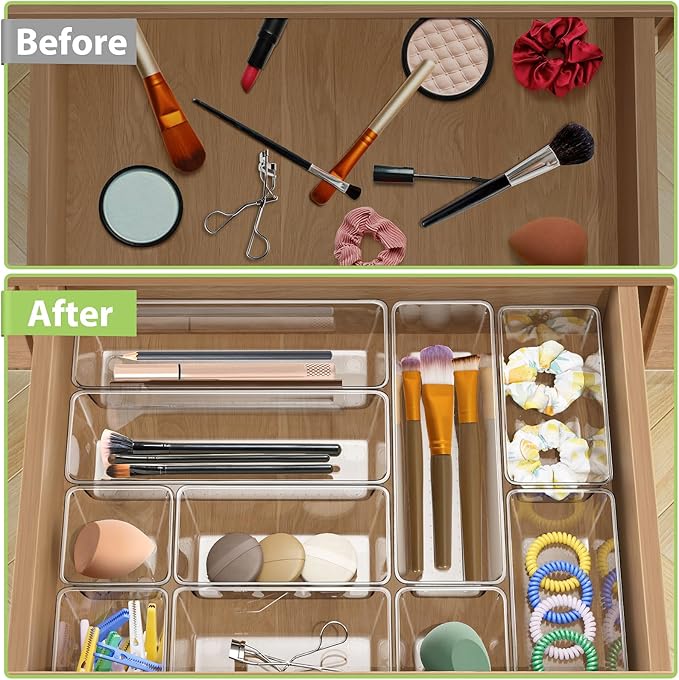 12 Piece Clear Drawer Organizer Set, 3 Sizes Bathroom Vanity Organizer Trays and Storage Bins for Makeup, Cosmetics, Jewelry, and Gadgets. Perfect for Office, Kitchen, Bedroom, Bathroom Use.