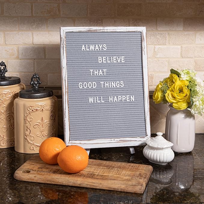 Felt Letter Board with Rustic Vintage Frame and Stand 12x16 inch,Grey Changeable Letter and Message Board Includes 792 Letters, Numbers and Symbols, Hook to Hang, 2 Canvas Bags