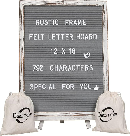 Felt Letter Board with Rustic Vintage Frame and Stand 12x16 inch,Grey Changeable Letter and Message Board Includes 792 Letters, Numbers and Symbols, Hook to Hang, 2 Canvas Bags