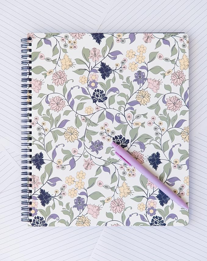 Steel Mill & Co Cute Floral Large Spiral Notebook College Ruled, 11" x 9.5" with Durable Hardcover and 160 Lined Pages, Purple Vine Ditsy