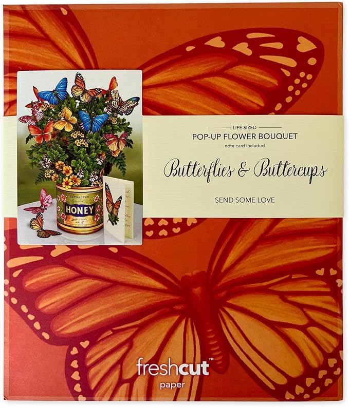 Freshcut Paper Pop Up Cards, Butterflies & Buttercups, 12 Inch Life Sized Forever Flower Bouquet 3D Popup Greeting Card, Birthday Cards, Thank You Card, Blank Notecard & Envelope