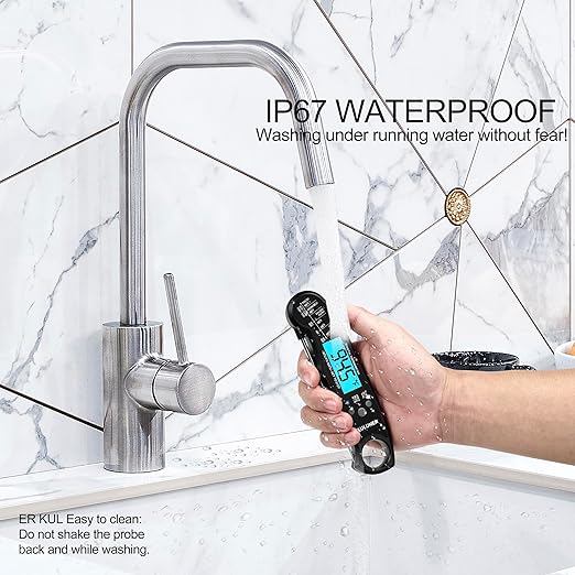 TP-01 Waterproof Digital Instant Read Meat Thermometer with 4.6 Folding Probe Backlight Calibration Function for Cooking Food Candy, BBQ Grill, Liquids,Beef(Black)