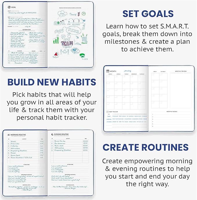 Pro - Goal Setting Planner to Increase Productivity and Achieve Personal and Business Goals. 12 Month Undated Daily, Weekly and Monthly Journal Organizer with Calendar (Blue)