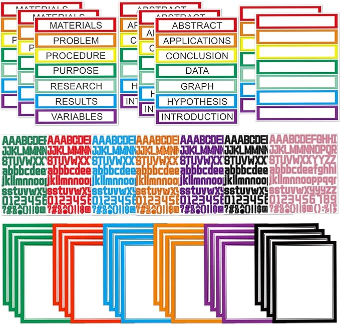 39 Sheets Science Fair Board Supplies - 24 Self Adhesive Presentation Subtitles, 6 Science Fair Project Titles, 2 Blank Titles, 7 Personalized Letter Stickers for Classroom Office, Colorful