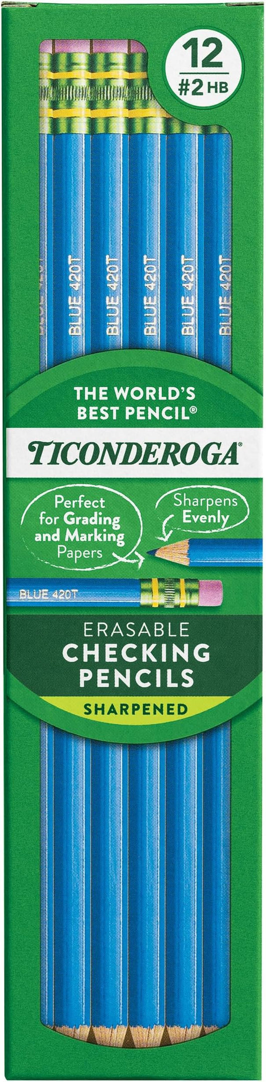 Ticonderoga Erasable Checking Wood-Cased Pencils, Pre-Sharpened, Blue, 12 Count