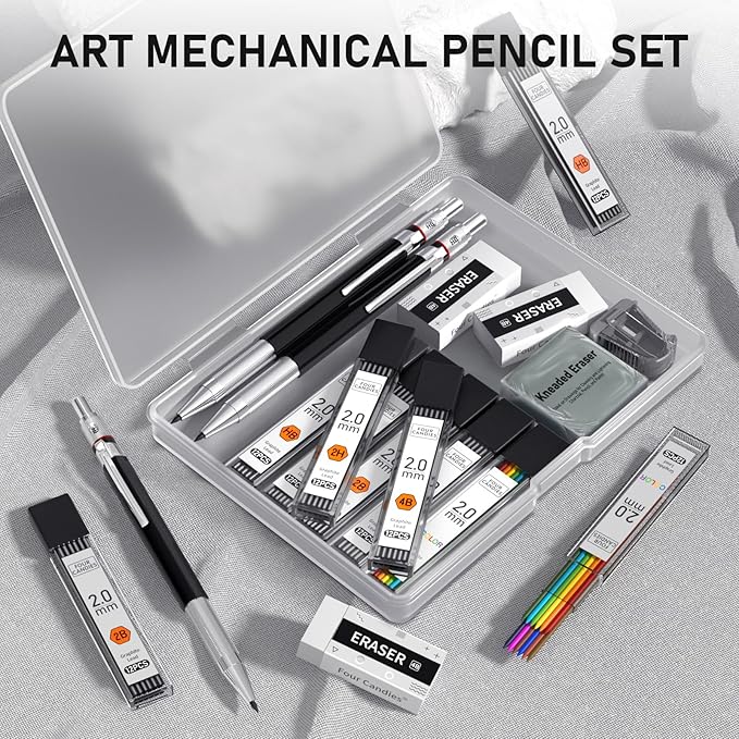 Four Candies 3PCS 2MM Mechanical Pencils with case, Artist Lead Pencil Metal Lead Holder with 120 Graphite Lead Refills(HB 2H 2B 4B Color), 4 Erasers, Sharpener, Drafting Pencil for Drawing, Sketching
