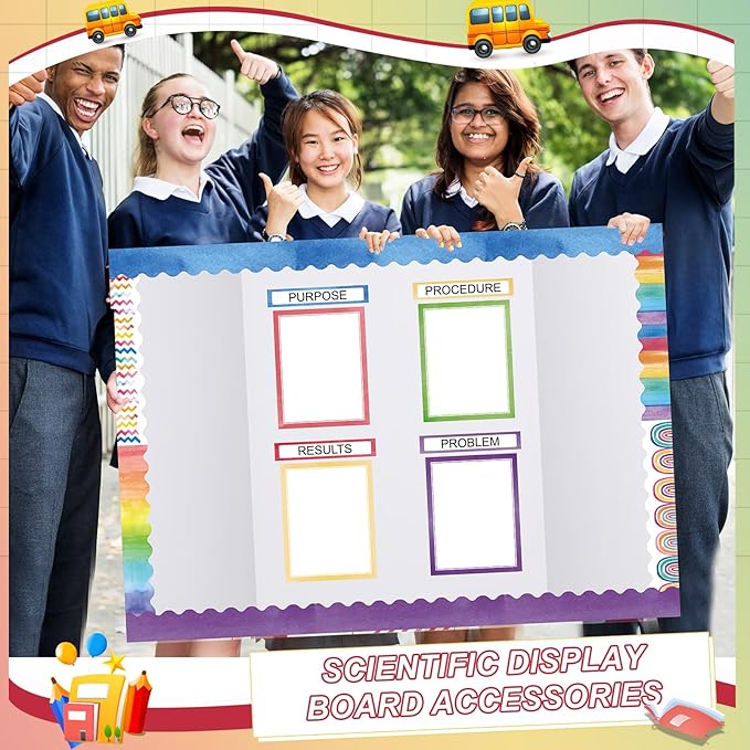 90 Pcs Science Fair Board Supplies 60 Trim Scalloped Bulletin Board Borders 24 Presentation Board Subtitles 6 Science Fair Titles for Classroom Display Boards (Watercolor)