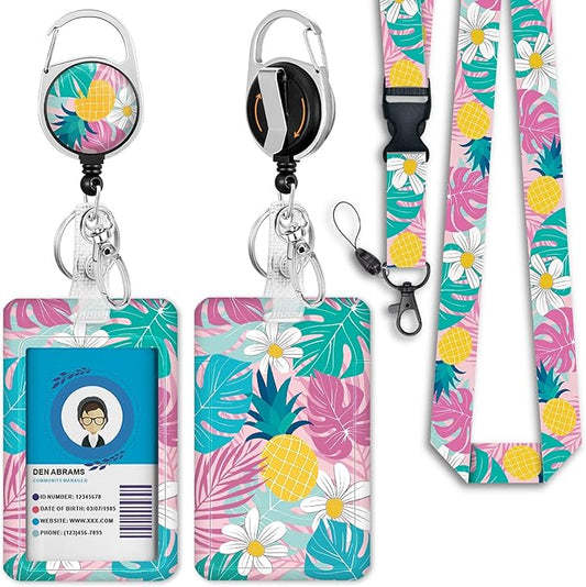 Giancomics Tropical Plant Lanyards for Id Badges, ID Badge Holder with Retractable Reel, Teacher Lanyard with Keychain Clip Name Tag Card Holder for Women Gift