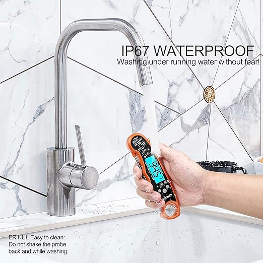 TP-01 Waterproof Digital Instant Read Meat Thermometer with 4.6 Folding Probe Backlight Calibration Function for Cooking Food Candy, BBQ Grill, Liquids,Beef(Orange)