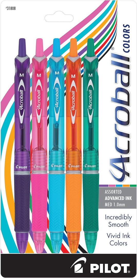 PILOT Acroball Colors Advanced Ink Refillable & Retractable Ball Point Pens, Medium Point, Black Ink, 5-Pack (31808)