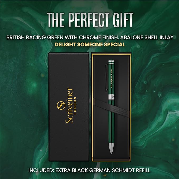 Scriveiner Personalized British Racing Green Pen - Stunning Green Lacquer Luxury Pen with Chrome Finish, Schmidt Ink Refill, Best Engraved Ball Point Gift Set for Men & Women, Custom Name Engraving
