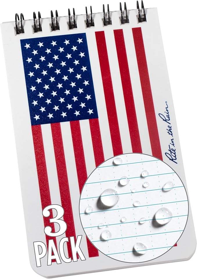 Rite in the Rain Weatherproof Top Spiral Notebook, 3" x 5", Old Glory American Flag Cover, Universal Pattern, 3 Pack (No. FLW35-3)