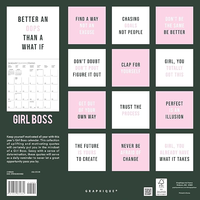 Graphique 2025 Girl Boss Wall Calendar | 12” x 12” | Thick Paper | Home & Office Organizer | Large Monthly Grid | 3 Languages & Marked Holidays | 4 Month Preview Page for 2026