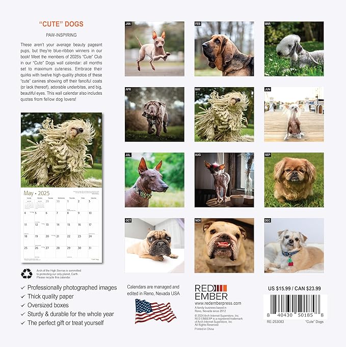 RED EMBER "Cute" Dogs 2025 Wall Calendar 12 Month | 12" x 24" Open | Thick & Sturdy Paper | Giftable | Calendar 2025