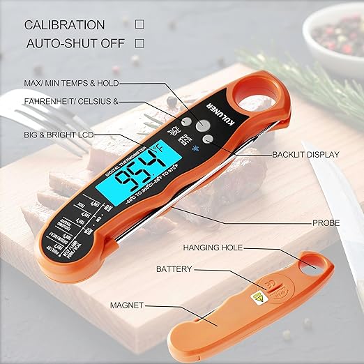 TP-01 Waterproof Digital Instant Read Meat Thermometer with 4.6 Folding Probe Backlight Calibration Function for Cooking Food Candy, BBQ Grill, Liquids,Beef(Orange)