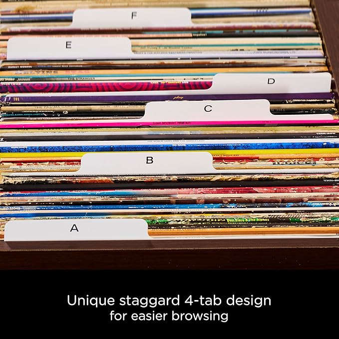 Heavy Duty Vinyl Record Dividers A-Z| 12" Record Dividers with Tabs | Pack of 26 Record Alphabet Dividers | White | Made in The USA | Vinyl Record Organizer Tabs for Top Browsing