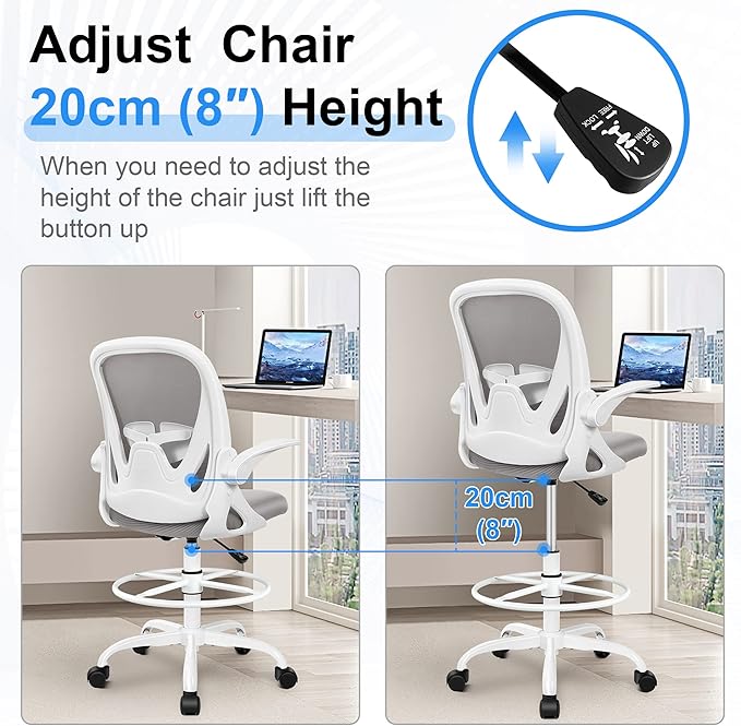 Primy Ergonomic Drafting Chair with Flip-up Armrests for Standing Desk - Tall Office Chair with Lumbar Support and Adjustable Footrest Ring(Gray)