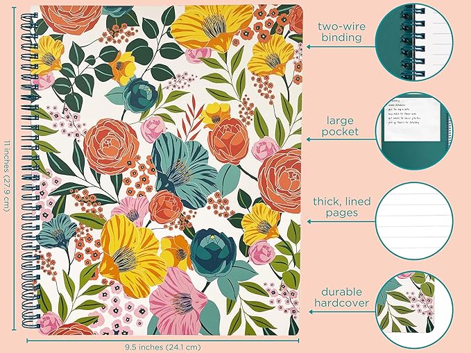 Steel Mill & Co Cute Large Spiral Notebook College Ruled, 11" x 9.5" with Durable Hardcover and 160 Lined Pages, Garden Blooms (Cream)