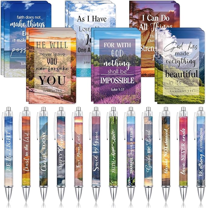 Colarr 24 Pcs Christian Bulk Gifts for Women Men Bible Verse Pens and Notebooks Religious Easter Gifts Scripture Ballpoint Pens Journals Sunday School Church Inspirational Study Supplies(Scenery)