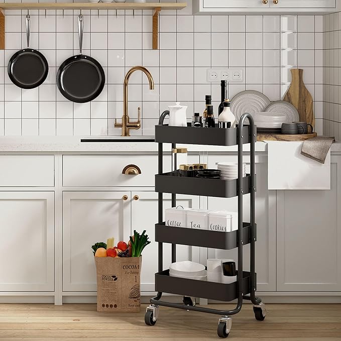 4-Tier Black Rolling Cart,Metal Rolling Utility Cart with Handle,Multifunction Rolling Carts with Wheels,Kitchen Storage Carts Suitable for Office,Home,Kitchen,Garden๏ผ13.4"x18.1"x40"๏ผ Black