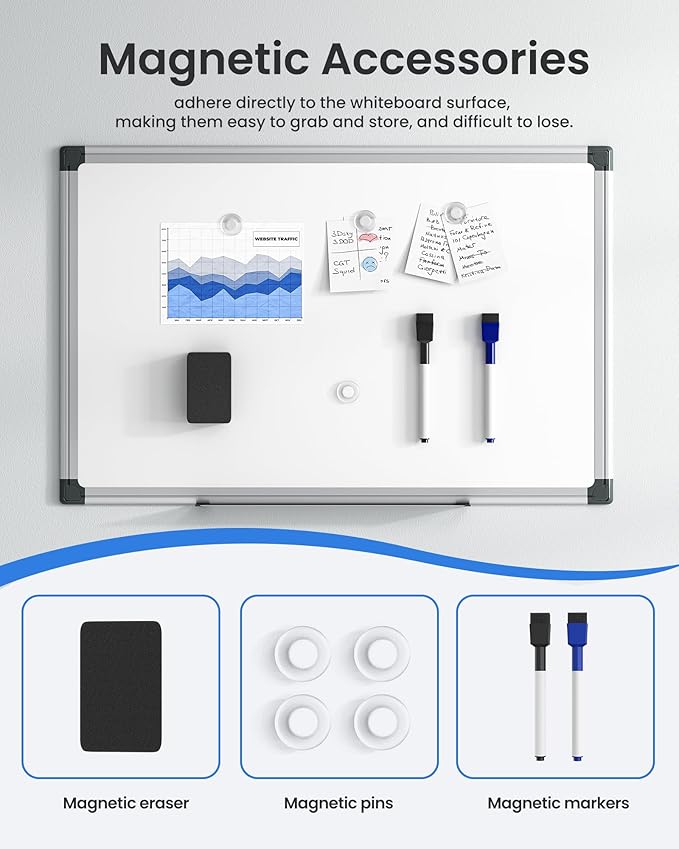 VUSIGN 2PCS Magnetic White Board Kit for Wall 18" x 12", 2 Dry Eraser & 4 Multicolor Markers & 8 Magnetic Pins, Sliver Reinforced Aluminum Frame for Home, School, Office