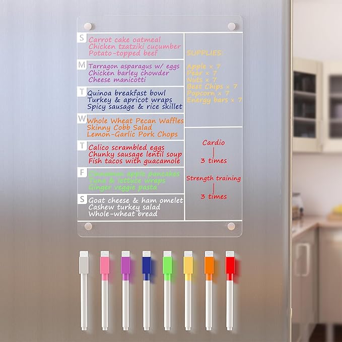 Acrylic Magnetic Meal Planner Menu Board for Kitchen Fridge w/ 8 Markers, Clear Refrigerator Weekly Dry Erase Calendar Planning Noteboard to Do/Grocery/Shopping List/Chore Chart/, 12"x9"