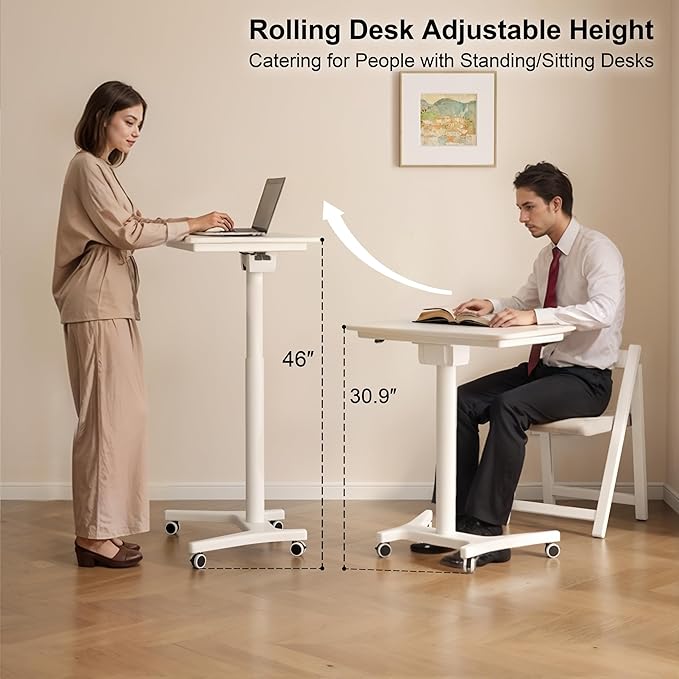 Rolling Standing Desk,Portable Standing Desk with Wheels Adjustable Height Desk Mobile Standing Desk for Home Office, Bedroom,Couch(White)