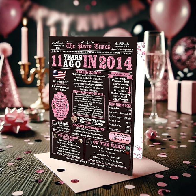 11 Year Old Girl Birthday Gifts, 11th Birthday Decorations for Girls, 11th Birthday Card, Celebration Ideas, Big Size, Rose Pink Gold