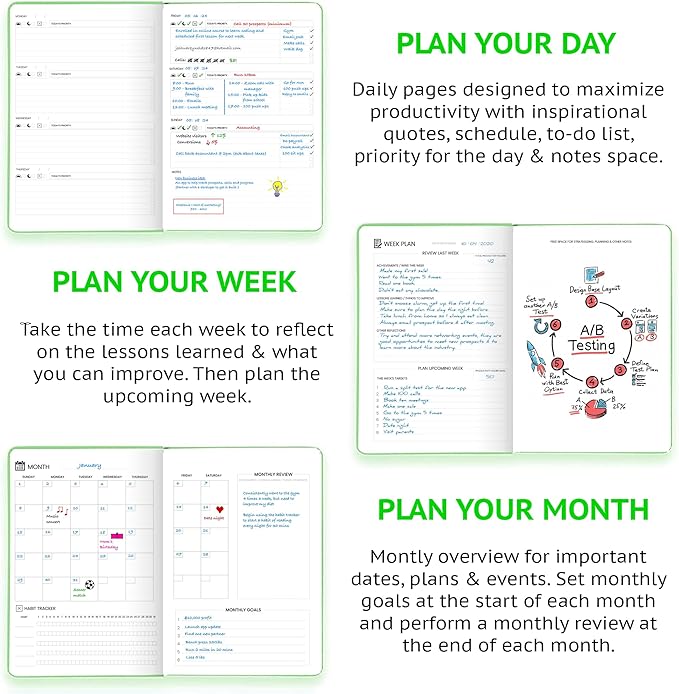 Pro - Goal Setting Planner to Increase Productivity and Achieve Personal and Business Goals. 12 Month Undated Daily, Weekly and Monthly Journal Organizer with Calendar (Lime Green)
