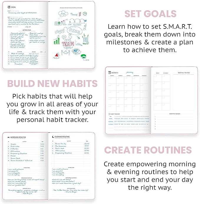 Pro - Goal Setting Planner to Increase Productivity and Achieve Personal and Business Goals. 12 Month Undated Daily, Weekly and Monthly Journal Organizer with Calendar (Pink)