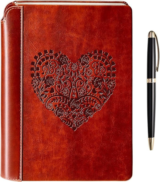 SETTINI® Lined Journal - Heart Journal for Writing Gift Set - Hardcover Vegan Leather, Includes Luxury Pen in a Unique Pen Holder, 192 Pages, 6 x 8.5 inches - Birthday Gifts for Women
