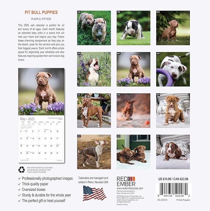 RED EMBER Pit Bull Puppies 2025 Wall Calendar 12 Month | 12" x 24" Open | Thick & Sturdy Paper | Giftable | Calendar 2025