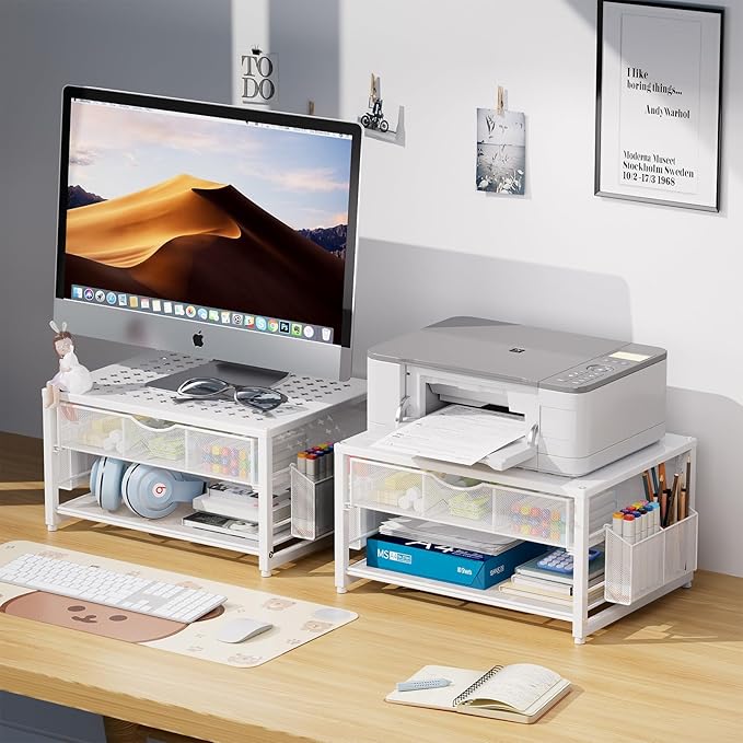 Marbrasse Metal Printer Stand for Desk with Storage Drawer and 2 Pen Holders, 2-Tier Desktop Organizer Printer Table for Home Office, Multi-Purpose Desk Organizer for Fax Machine Scanner Files(White)