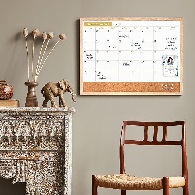 ARCOBIS White Board Calendar with Cork Board, 24x18 Inch Wood Frame Bulletin Board for Wall, Magnetic White Calendar Board with Chalk Markers, Push-Pins and Magnets,Beige