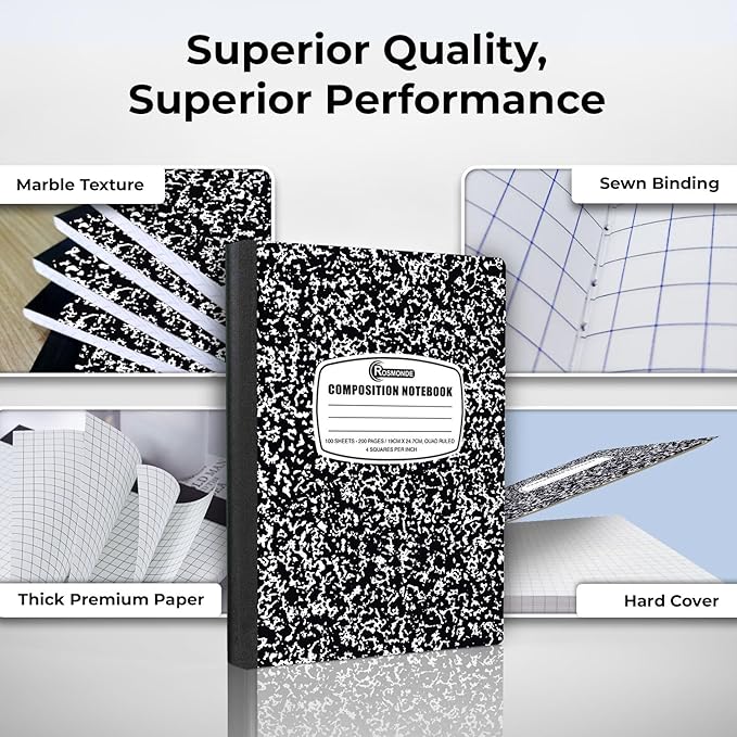 Graph Paper Composition Notebook, 5 Pack, 200 Pages (100 Sheets), Quad Ruled Composition Notebook, Graph Notebooks, 4x4 Grid Composition Notebook, Black Marble, Sewn Hard Cover, 9-3/4 x 7-1/2