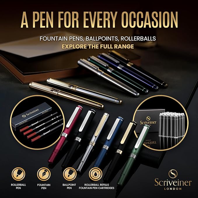 Scriveiner Personalized Black Ballpoint Pen - Stunning Luxury Pen, Jet Black Lacquer, 24K Gold Finish, Schmidt Ink Refill, Best Engraved Ball Point Gift Set for Men & Women, Custom Name Engraving