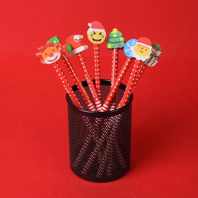 27PCS Pencils with Christmas Top Eraser for Kids,Pencils with Assorted Cartoon Color Stripe Erasers Topper for Kids School Supplies and Children Prize Gifts (27)