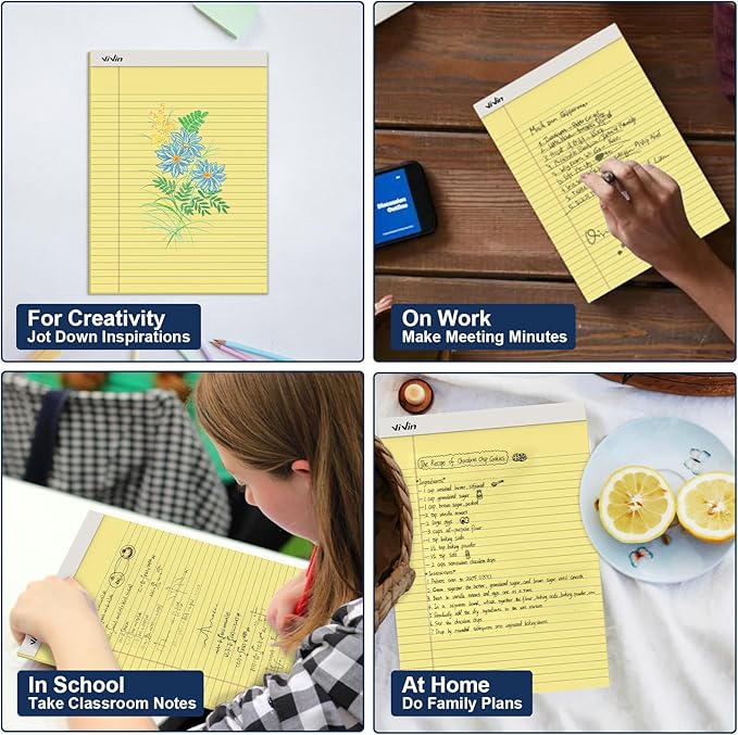 ViVin Legal Pads 8.5 x 11 Inch, Wide Ruled Note Pads, 6 Pack, 50 Sheet/Pad, Notepads for Office Home School, 300 Sheets, Perforated Writing Pads, Canary Yellow Paper