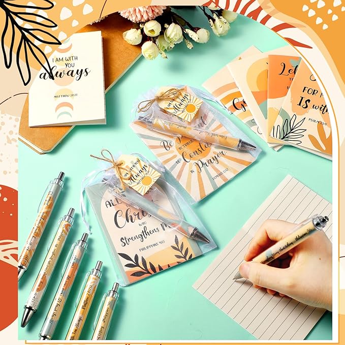 200 Pcs Bible Verse Sets Church Christian Gift Include 50 Scripture Notebooks 50 Bible Bamboo Pens 50 Thanks Tags 50 Organza Bags for Women Man Christian Party Gifts(Boho Color,Bohemian)