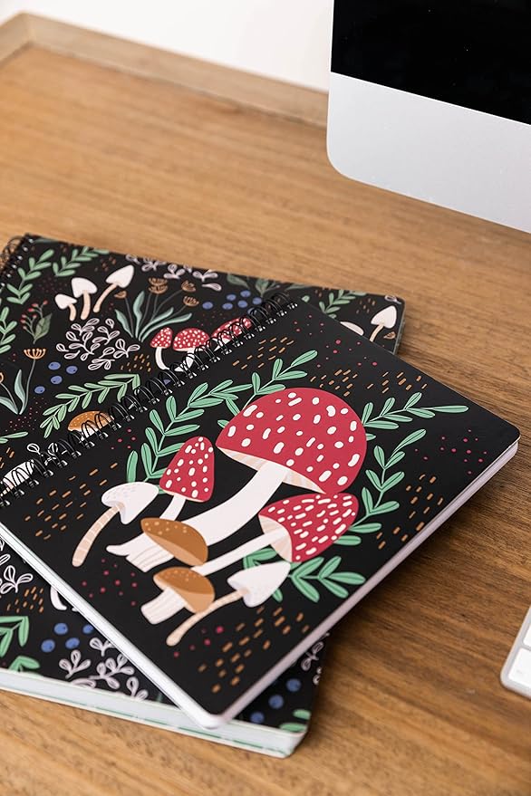 Steel Mill & Co Cute Mini Spiral Notebook, 8.25" x 6.25" Journal with Durable Hardcover and 160 Lined Pages, Mushroom