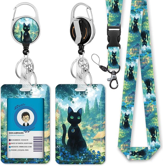 Giancomics Lanyards for Id Badges, Black Cat ID Badge Holder with Lanyard Badge Reel Retractable, Anime Lanyard with ID Holder Keychain Clip Name Tag Cute ID Card Holder for Teacher Women Work Office